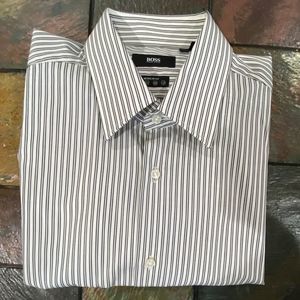 Hugo Boss White Black Striped 100% Cotton Regular Fit Shirt Size L(42/16.5)